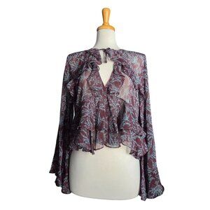Olivaceous Maroon Fairy Grunge Floral Ruffled Bell Sleeve Blouse Women's M